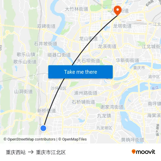 重庆西站 to 重庆市江北区 map