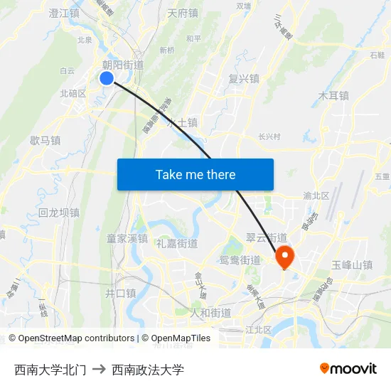 西南大学北门 to 西南政法大学 map