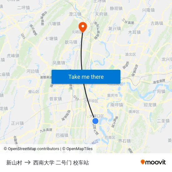 新山村 to 西南大学 二号门 校车站 map
