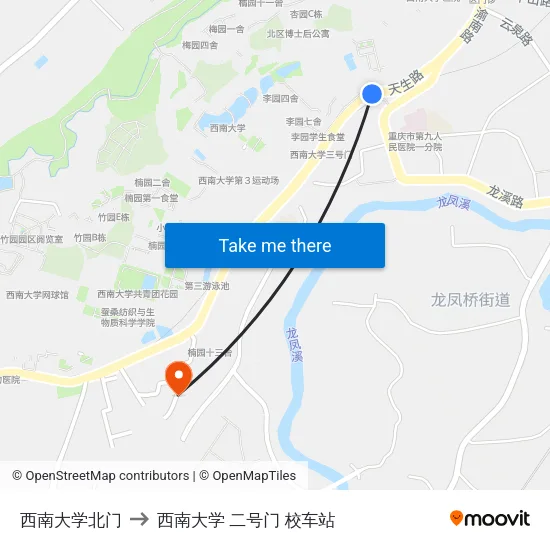 西南大学北门 to 西南大学 二号门 校车站 map