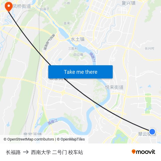 长福路 to 西南大学 二号门 校车站 map