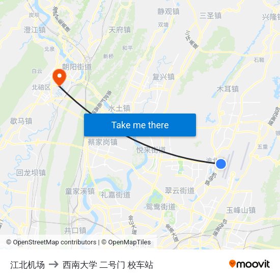 江北机场 to 西南大学 二号门 校车站 map