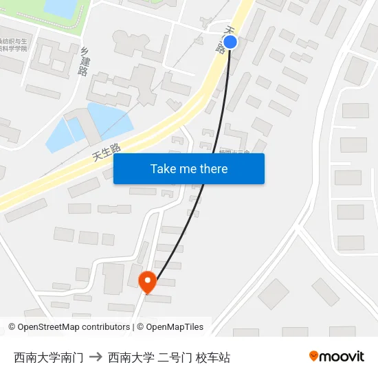 西南大学南门 to 西南大学 二号门 校车站 map
