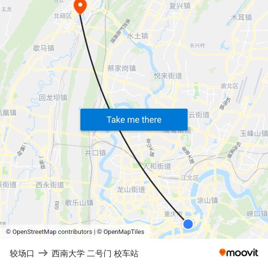 较场口 to 西南大学 二号门 校车站 map