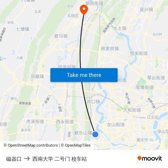 磁器口 to 西南大学 二号门 校车站 map