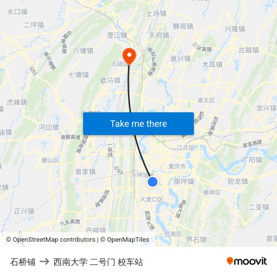 石桥铺 to 西南大学 二号门 校车站 map