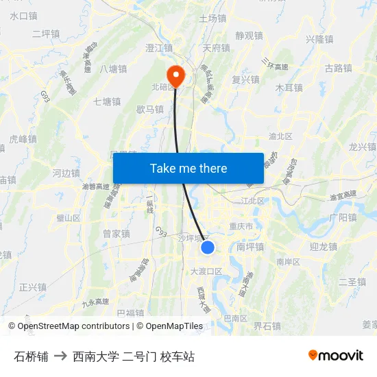 石桥铺 to 西南大学 二号门 校车站 map