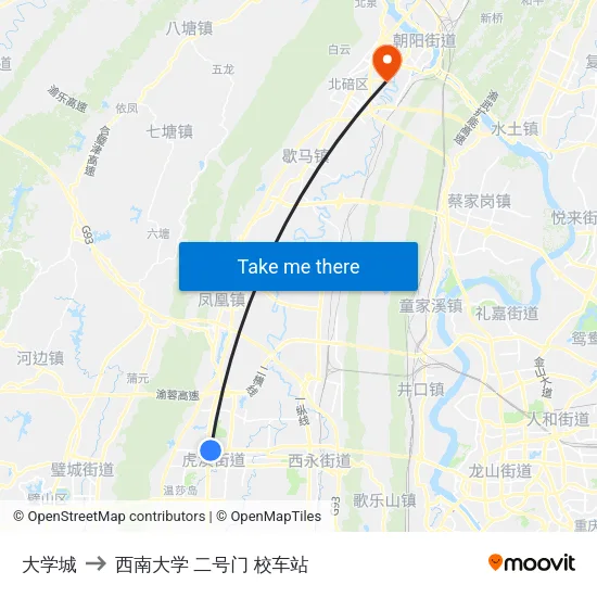 大学城 to 西南大学 二号门 校车站 map