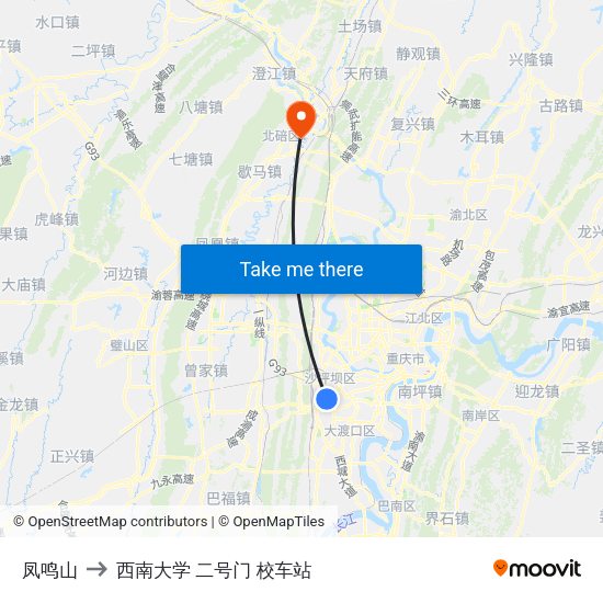凤鸣山 to 西南大学 二号门 校车站 map