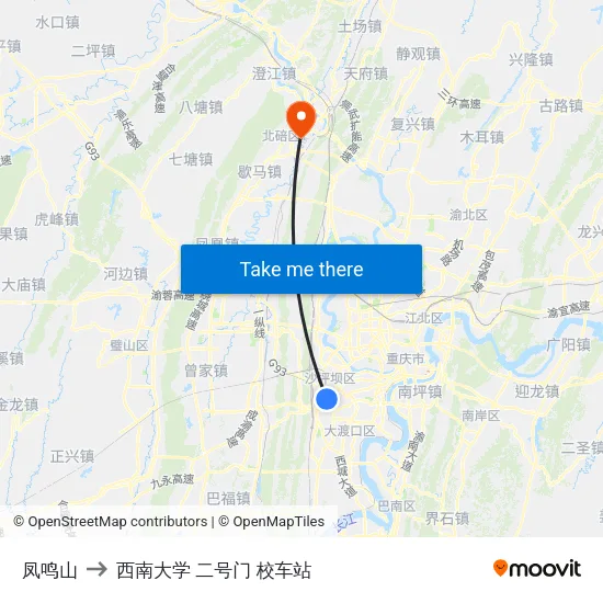 凤鸣山 to 西南大学 二号门 校车站 map