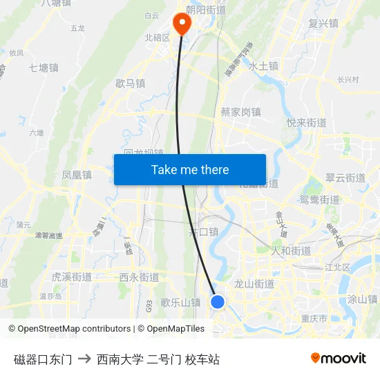 磁器口东门 to 西南大学 二号门 校车站 map