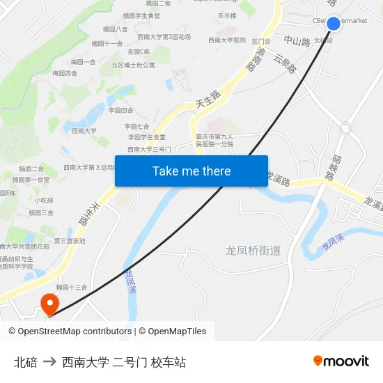 北碚 to 西南大学 二号门 校车站 map