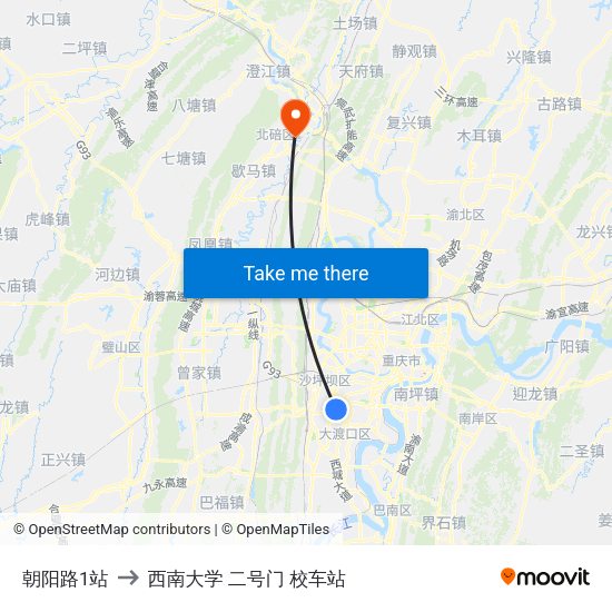 朝阳路1站 to 西南大学 二号门 校车站 map