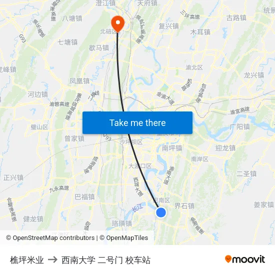 樵坪米业 to 西南大学 二号门 校车站 map