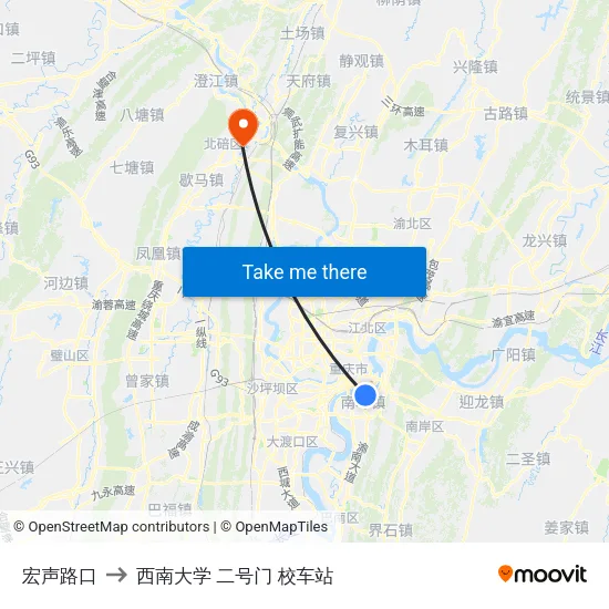 宏声路口 to 西南大学 二号门 校车站 map