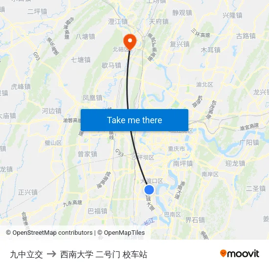 九中立交 to 西南大学 二号门 校车站 map