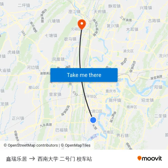 鑫瑞乐居 to 西南大学 二号门 校车站 map