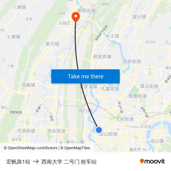 宏帆路1站 to 西南大学 二号门 校车站 map