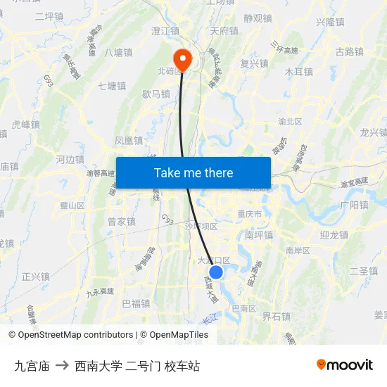 九宫庙 to 西南大学 二号门 校车站 map