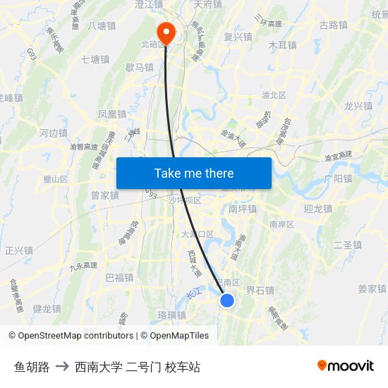 鱼胡路 to 西南大学 二号门 校车站 map