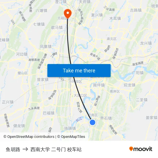 鱼胡路 to 西南大学 二号门 校车站 map
