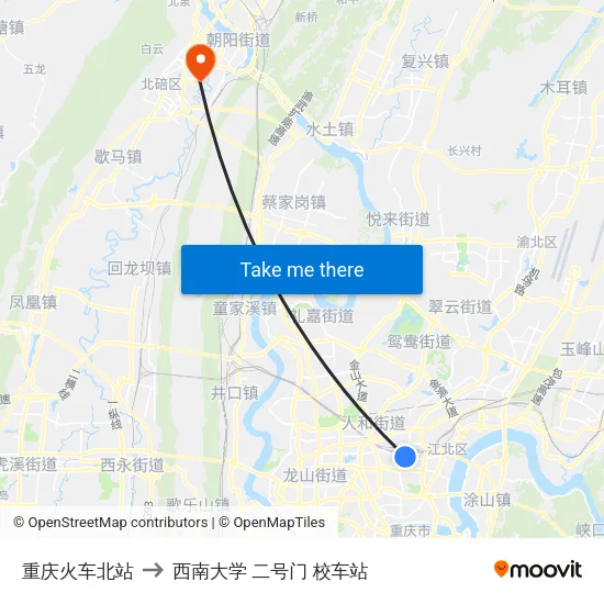 重庆火车北站 to 西南大学 二号门 校车站 map