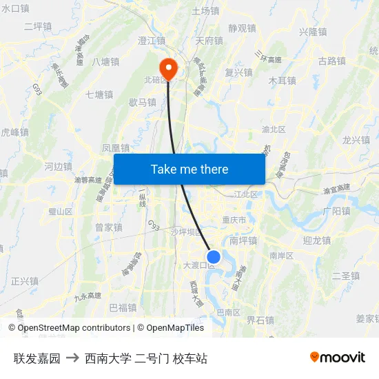 联发嘉园 to 西南大学 二号门 校车站 map