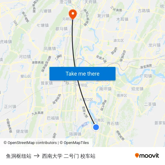 鱼洞枢纽站 to 西南大学 二号门 校车站 map
