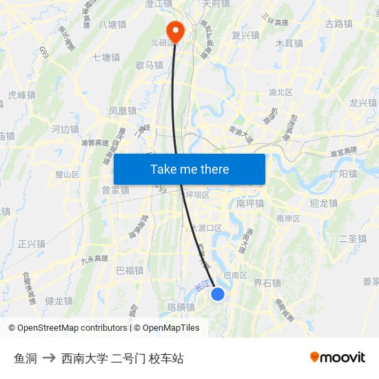 鱼洞 to 西南大学 二号门 校车站 map