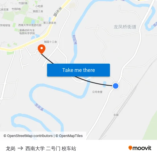 龙岗 to 西南大学 二号门 校车站 map