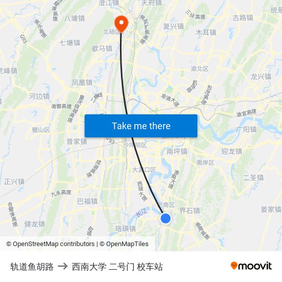 轨道鱼胡路 to 西南大学 二号门 校车站 map