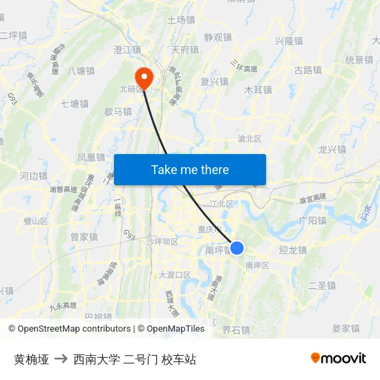 黄桷垭 to 西南大学 二号门 校车站 map