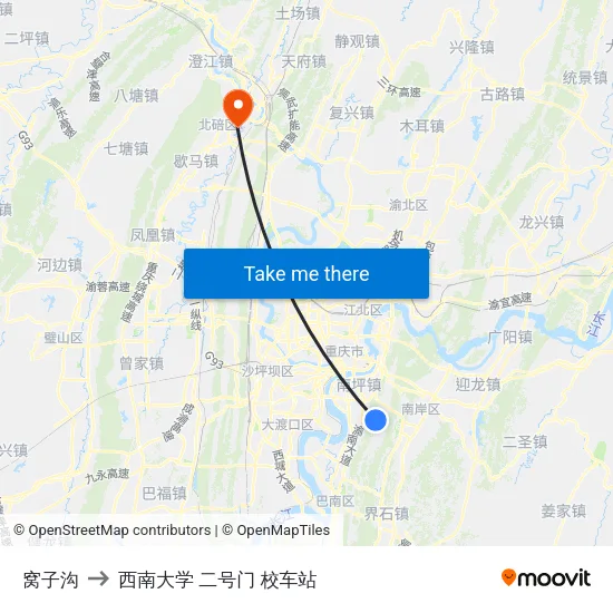 窝子沟 to 西南大学 二号门 校车站 map
