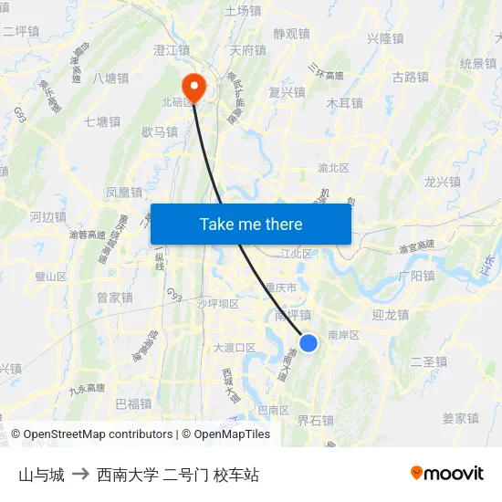 山与城 to 西南大学 二号门 校车站 map