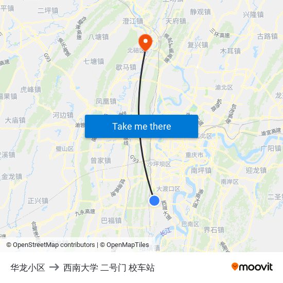 华龙小区 to 西南大学 二号门 校车站 map