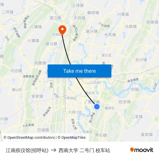 江南殡仪馆(招呼站) to 西南大学 二号门 校车站 map