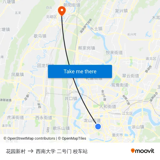 花园新村 to 西南大学 二号门 校车站 map