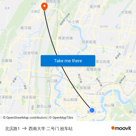 北滨路1 to 西南大学 二号门 校车站 map