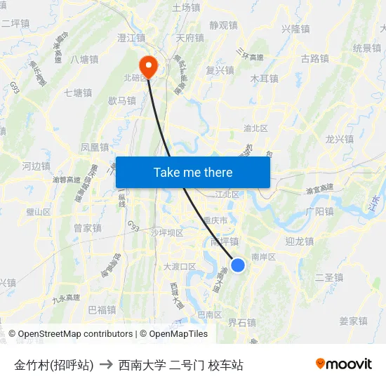 金竹村(招呼站) to 西南大学 二号门 校车站 map