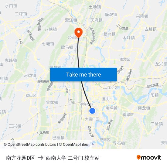 南方花园D区 to 西南大学 二号门 校车站 map