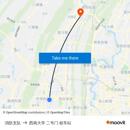 消防支队 to 西南大学 二号门 校车站 map