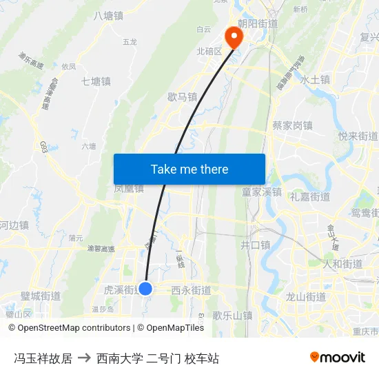 冯玉祥故居 to 西南大学 二号门 校车站 map
