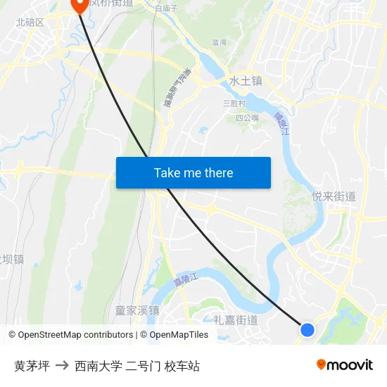 黄茅坪 to 西南大学 二号门 校车站 map
