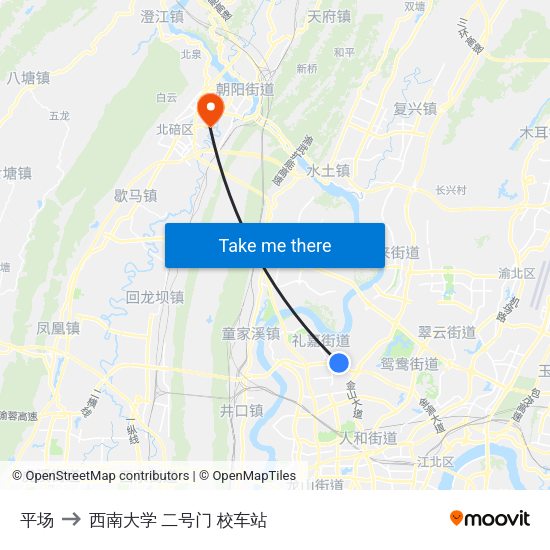 平场 to 西南大学 二号门 校车站 map
