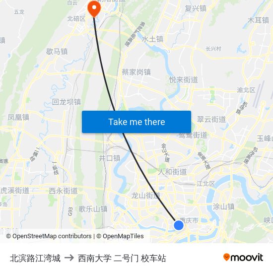 北滨路江湾城 to 西南大学 二号门 校车站 map