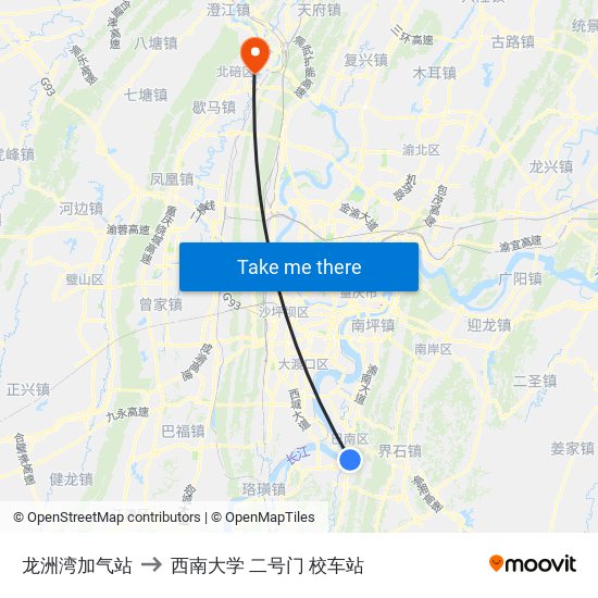 龙洲湾加气站 to 西南大学 二号门 校车站 map