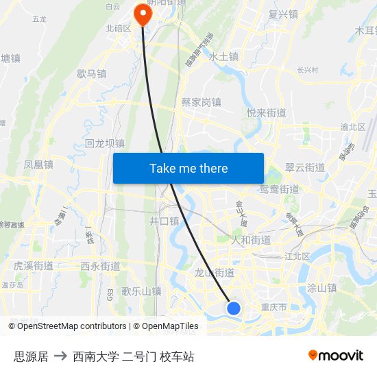 思源居 to 西南大学 二号门 校车站 map