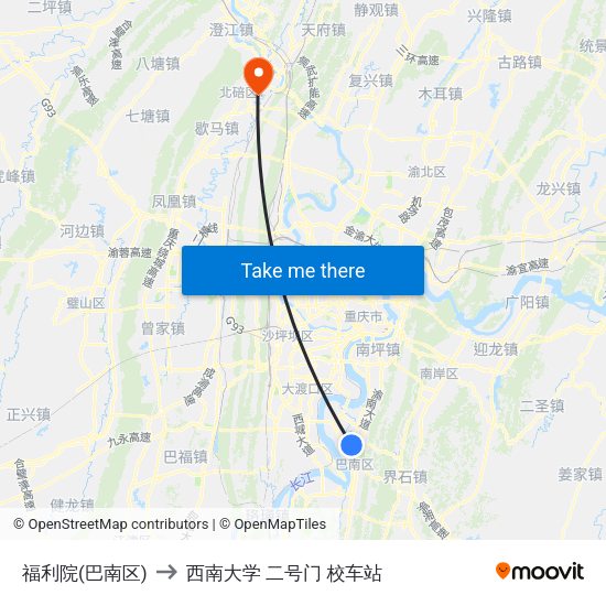 福利院(巴南区) to 西南大学 二号门 校车站 map