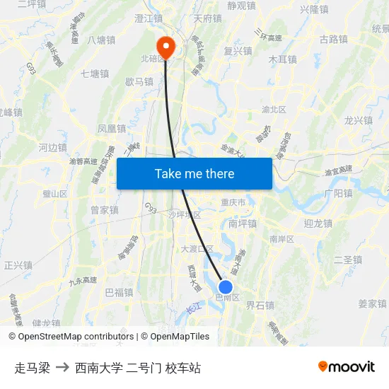 走马梁 to 西南大学 二号门 校车站 map