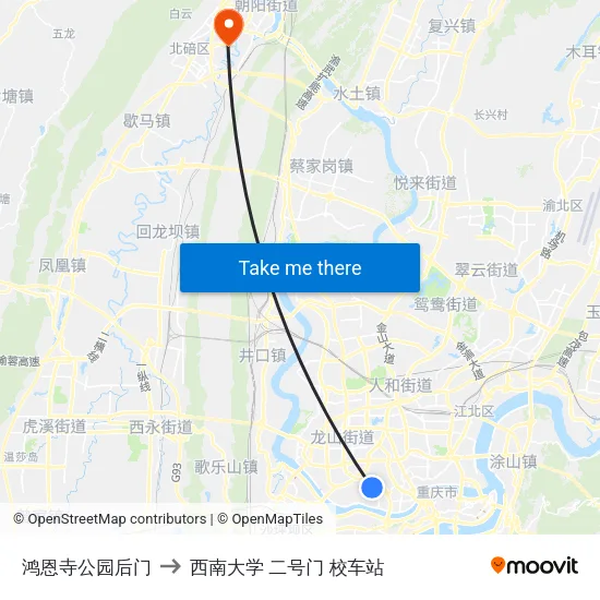 鸿恩寺公园后门 to 西南大学 二号门 校车站 map